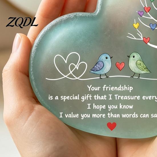 Healing Style Bird Pattern Ornament Heart Shape Acrylic Friendship with Engraved Verse & Tree, Desktop Appreciation Gifts for Long Distance Friend Art