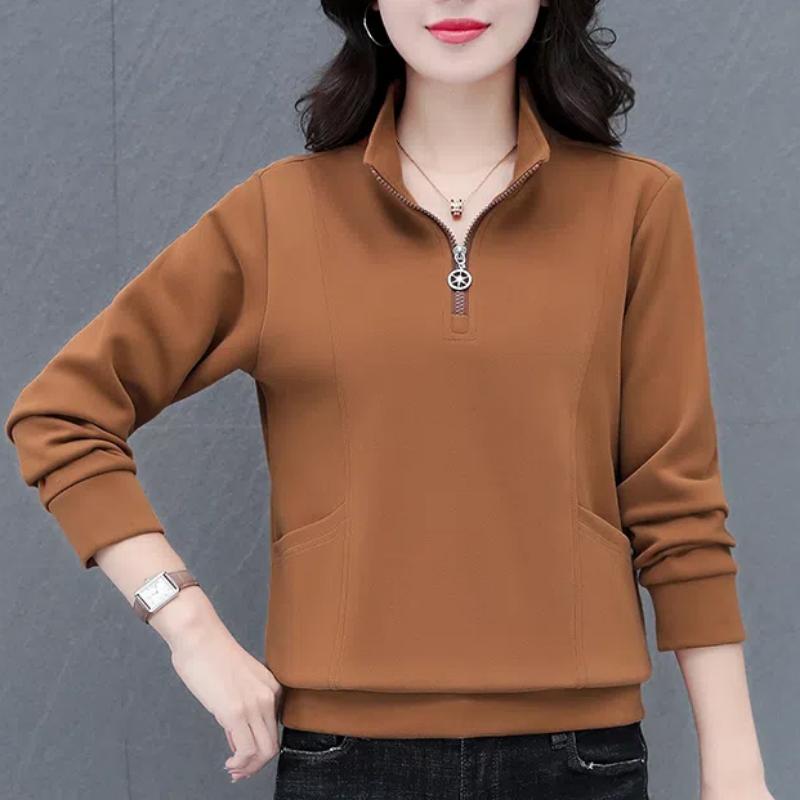 Весна Осень Женская Одежда Однотонный Пуловер Молния Полуоткрытый Воротник Фонарь Длинный Рукав Повседневная Мода Толстовки Топы XXXL 2434₽