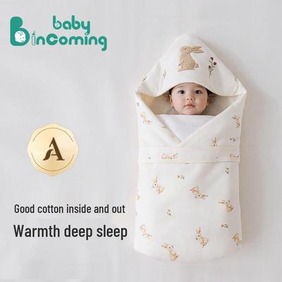 Hochwertiges Baby-Swaddle- und Hut-Set aus reiner Baumwolle für Neugeborene - Winter, verdickt & gegen Schreckreflex
