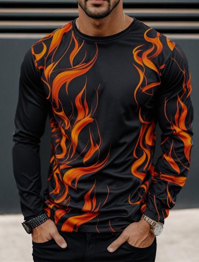 3D Printed Flame Scratch Pattern 3D Printed Autumn Men's Crew Neck T-Shirt Casual Long Sleeve Oversized Pullover Fashion Tops
