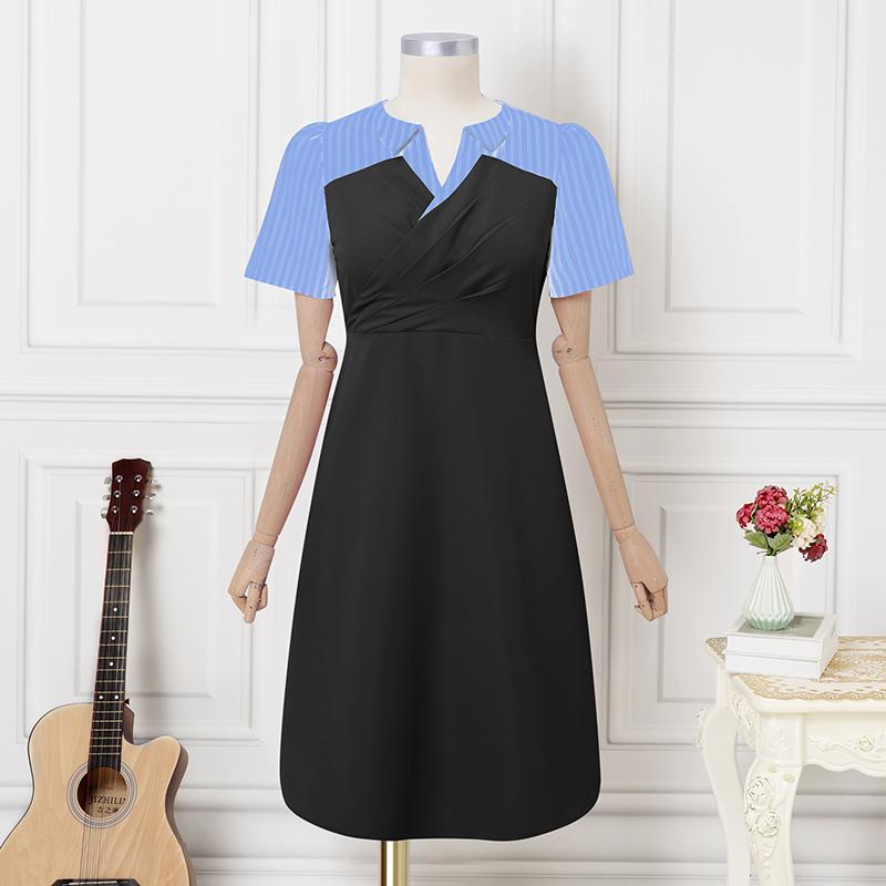 

ZANZEA Women Stripe Patchwork Casual Turn Down Collar Summer Short Sleeve Dress S чёрный