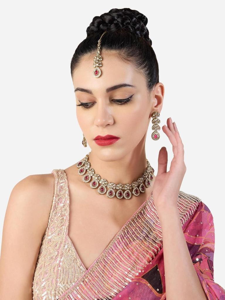 Pink Stones Antique Plated Traditional Kundan Necklace Earring & Maangtikka Set For Women
