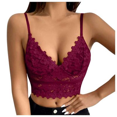 (SU)Sutiã profundo sexy do laço da cor sólida de V da roupa interior erótica das senhoras com almofada no peito