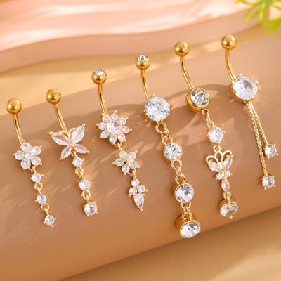 6pcs Long Dangled Flower Butterfly Bee Belly Button Ring Sets Gold Color Body Navel Piercing Nombril Heart Curved Belly Jewelry