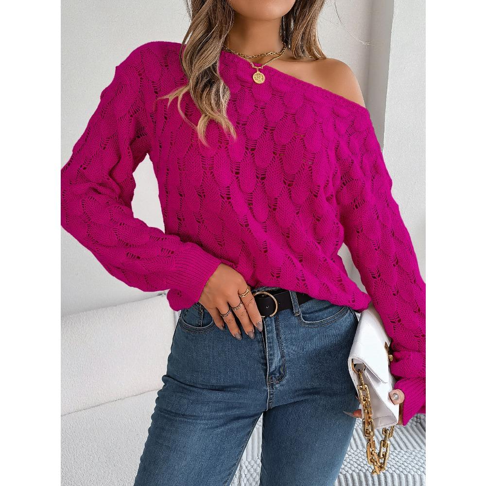 Autumn/Winter Women's Knitted Sweater Casual Feather-Patterned Openwork Off-the-Shoulder Sweater Featuring Bell Sleeves