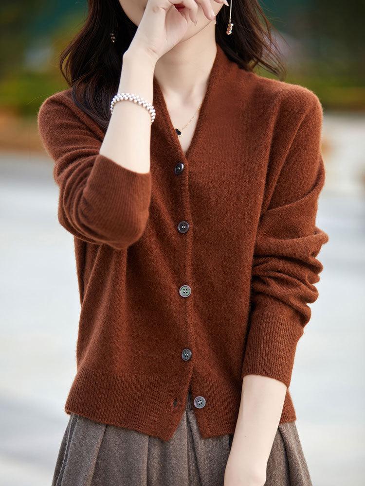 Maillard Merino Wool V-Neck Cardigan Sweater with Peaked Lapels and Solid Color Base Layer
