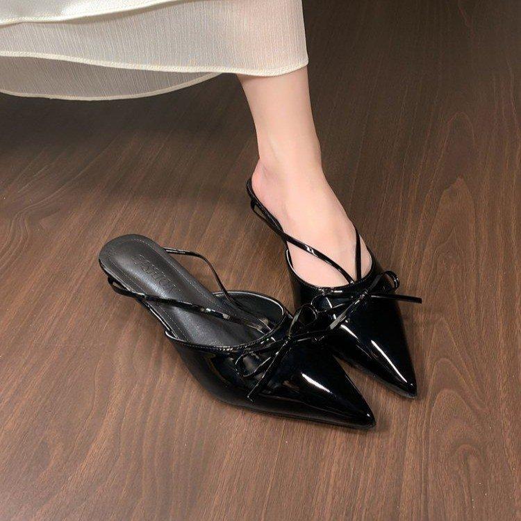 2025 spring new French bow pointed kitten heel high heels bag head cool slippers low heel empty single shoes