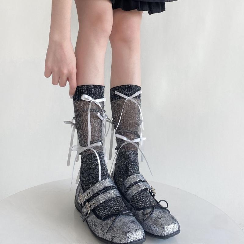 Japanischer Stil Schimmerndes Netz Spleißende Gerippte Über die Wade Socken für Damen Mädchen Niedliche Schleife Schleifenknoten Lange Strümpfe