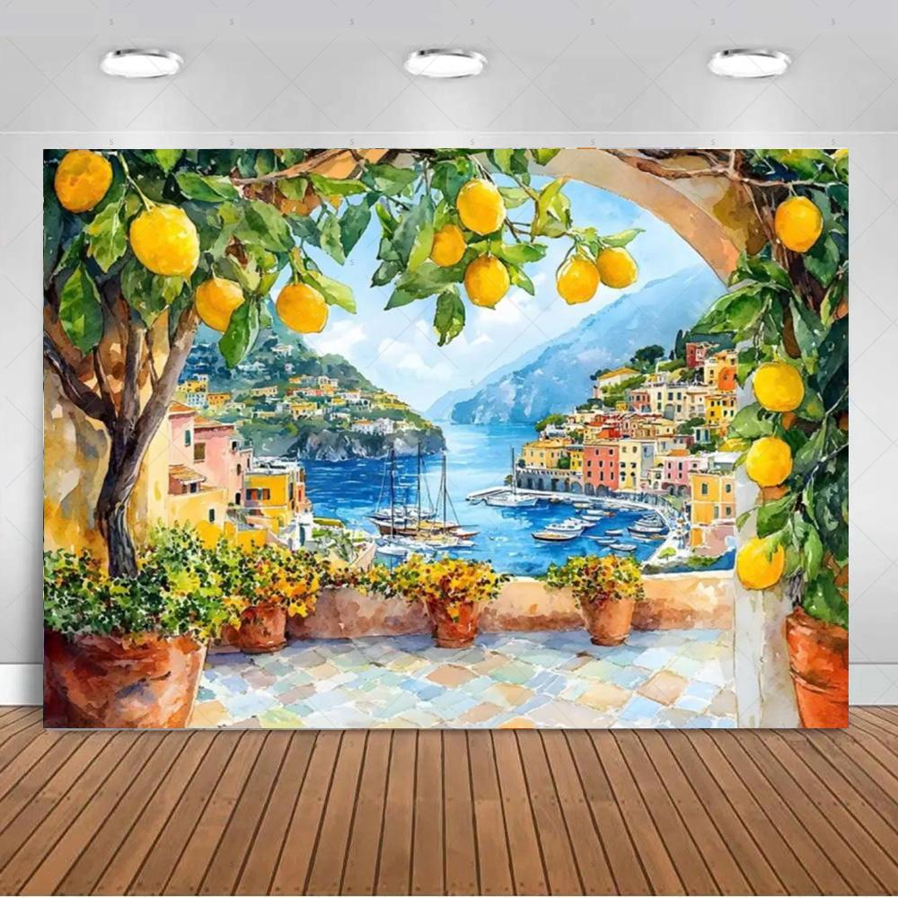 Seaside Town Lemon Tree Background Banner Open Window Landscape Backdrop Supplies Photography Prop Birthday Party Decorations