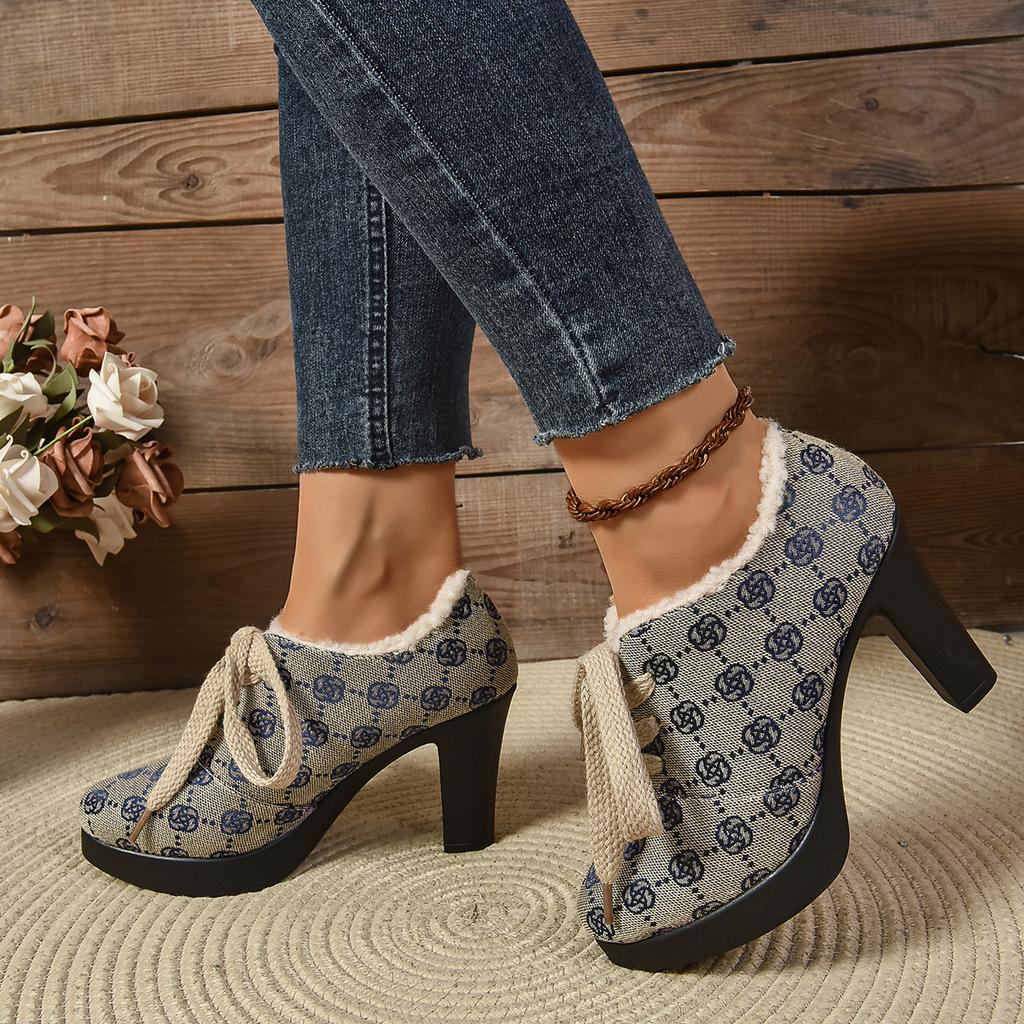 Fashion New Spring and Autumn Print Boots Women Luxury Lace-Up Boots Fashion Elegant Thickened Fluff High Heels Women Shoes for Women