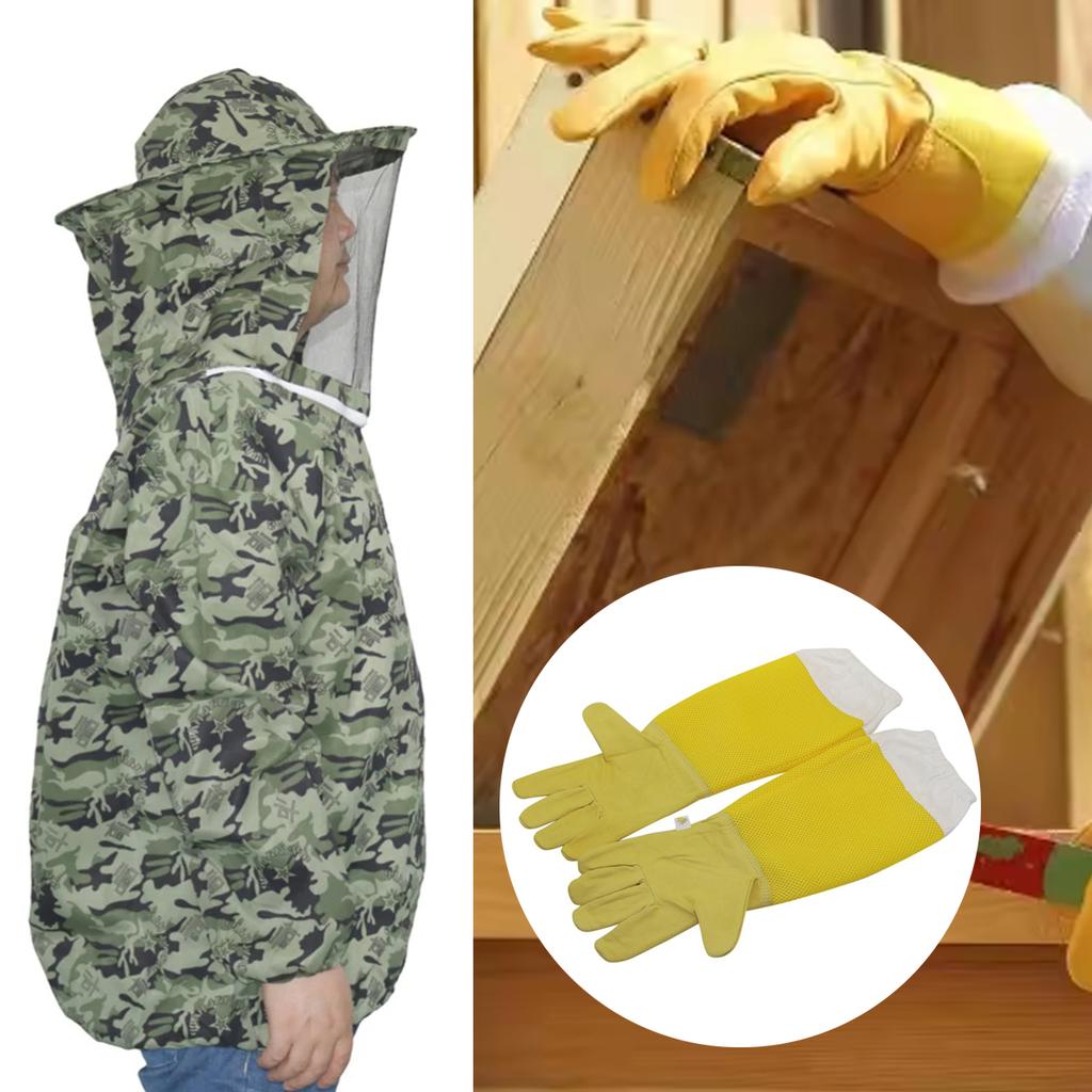 Bee-Proof Suit and Gloves Kit Camouflage Half-Length Breathable Bee Clothes with Hat Outdoor Beekeeping Protective Tools 1 Set