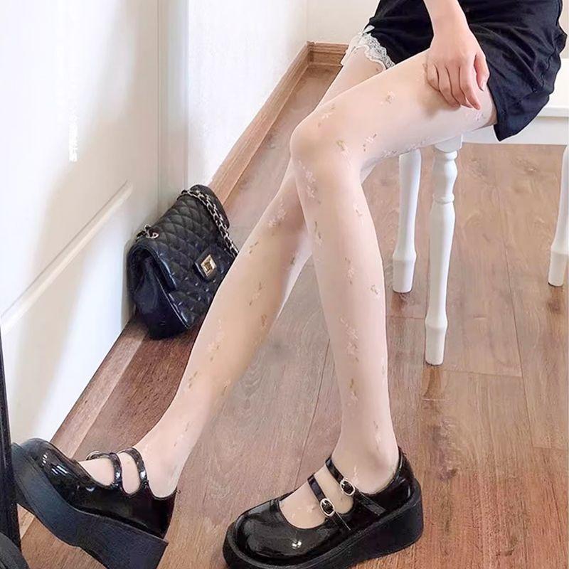 Süße weiße Strümpfe mit kleinen floralen Mustern, ultradünne, schlankmachende Strumpfhose, japanischer Stil, beinschönend, Unterziehsocken für Damen