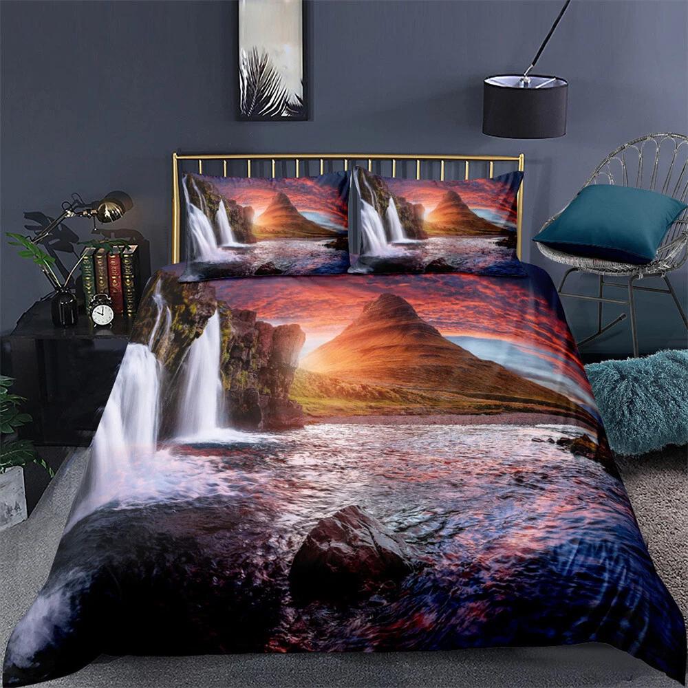 

Iceland Waterfall Mountain Duvet Cover Landscape Bedding Set, Sunset Scene Bed Cover for Nature Home Decor, Perfect Gift for Twin/Queen/King Size Beds UK Single 135x200cm