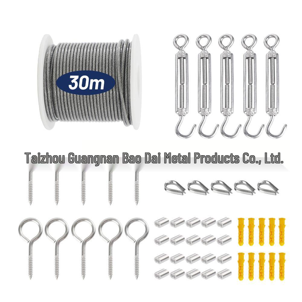 Stainless Steel Rubber-Coated Wire Rope Suspension Kit for Outdoor String Lights with Thimble Hook and Tensioner