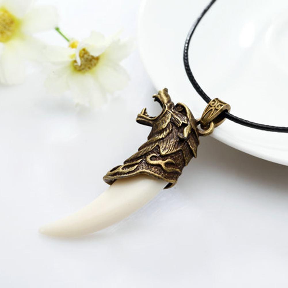 Carved Rope Men Leather Fang Necklace Wolf  Antique Tooth  Faux