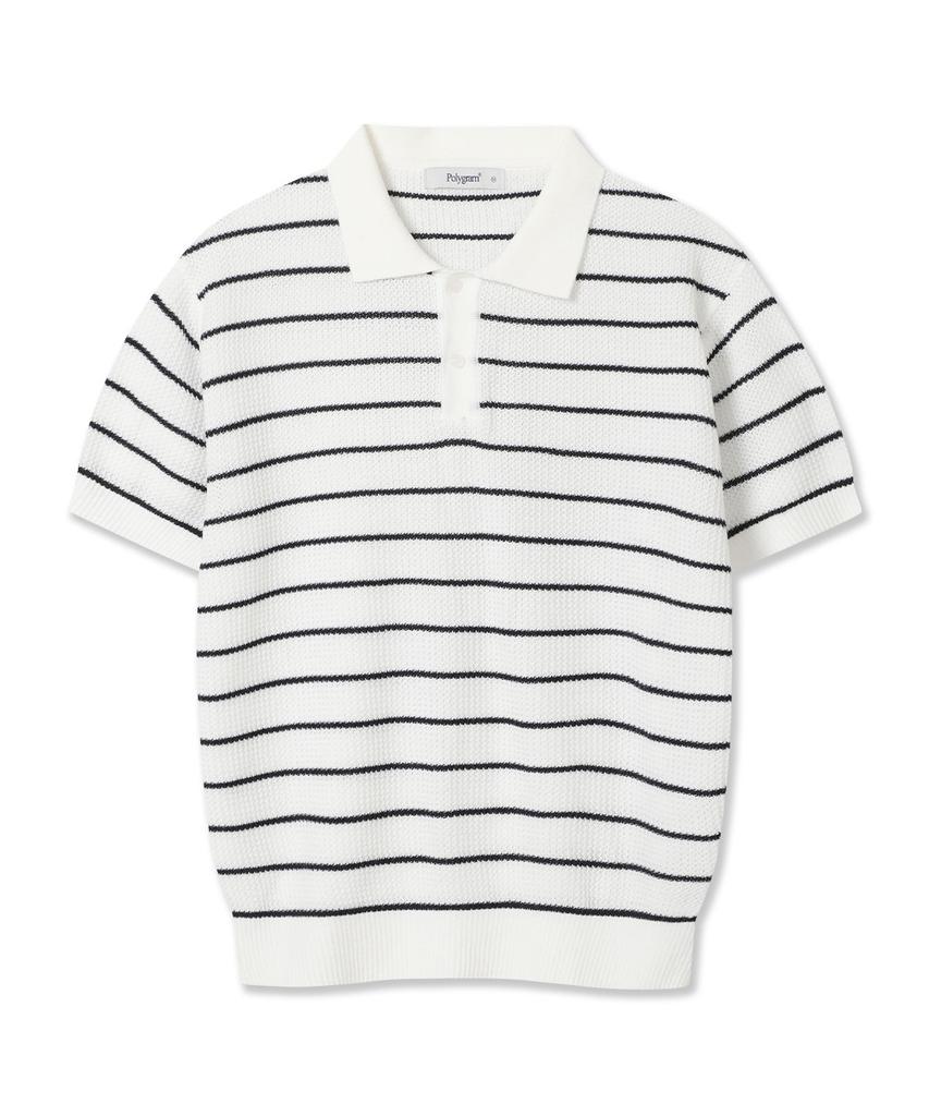 POLYGRAM Textured Striped Collared Short Sleeve Knit - White
