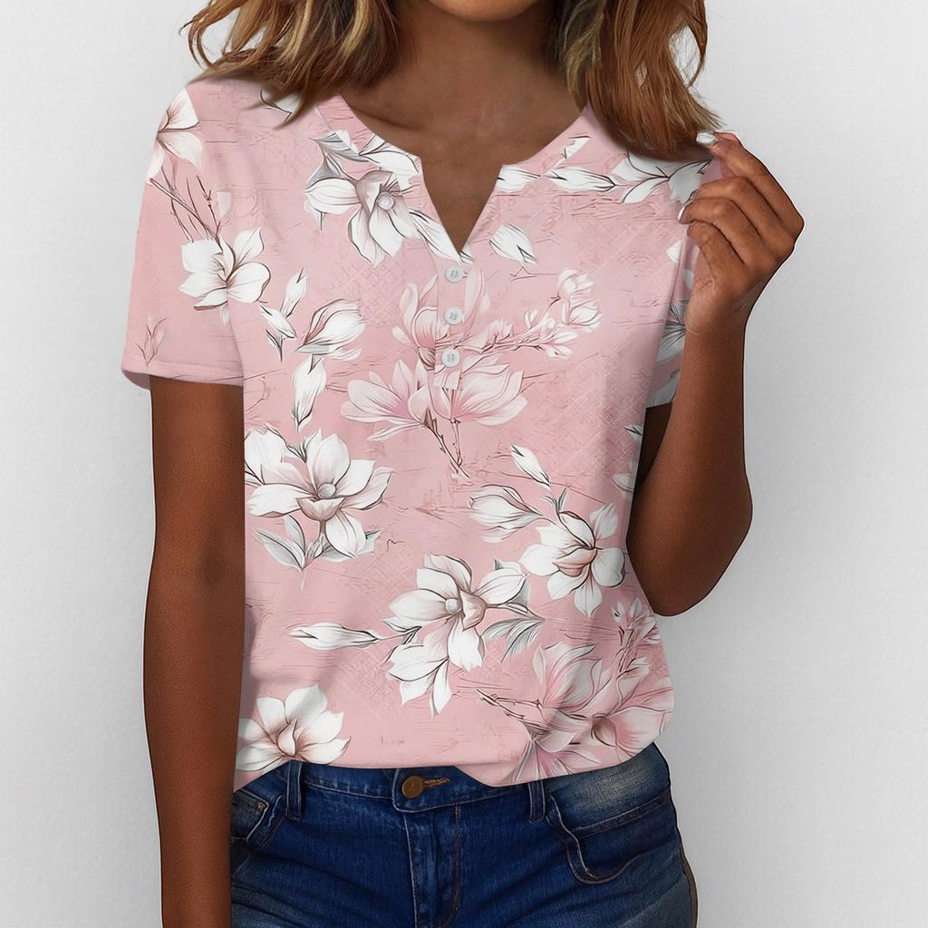 Sommer Oberteile für Damen Knopfleisten Blusen für Damen Elegant Lässig V-Ausschnitt T-Shirts