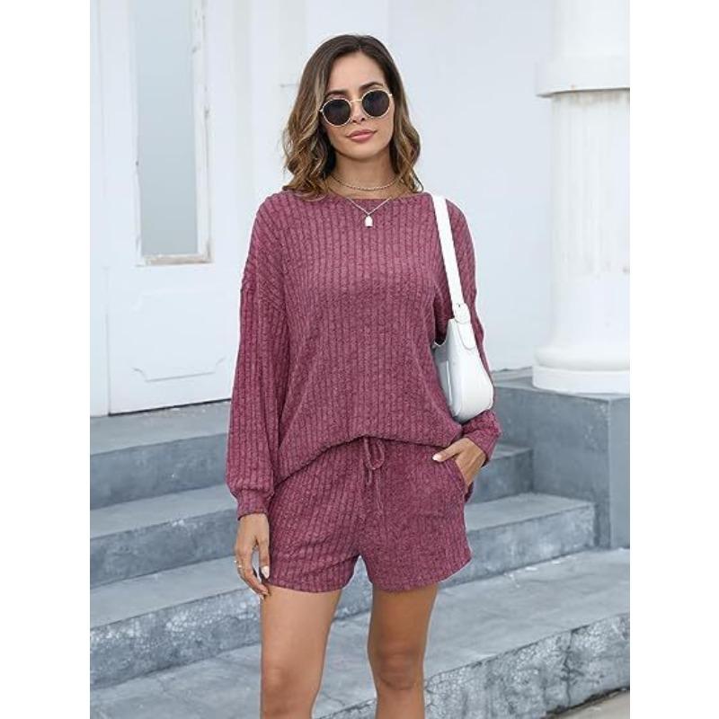 Women's Fashion Casual Spring Fall Solid Color Print Long Sleeve O-Neck Trousers Pants Suits