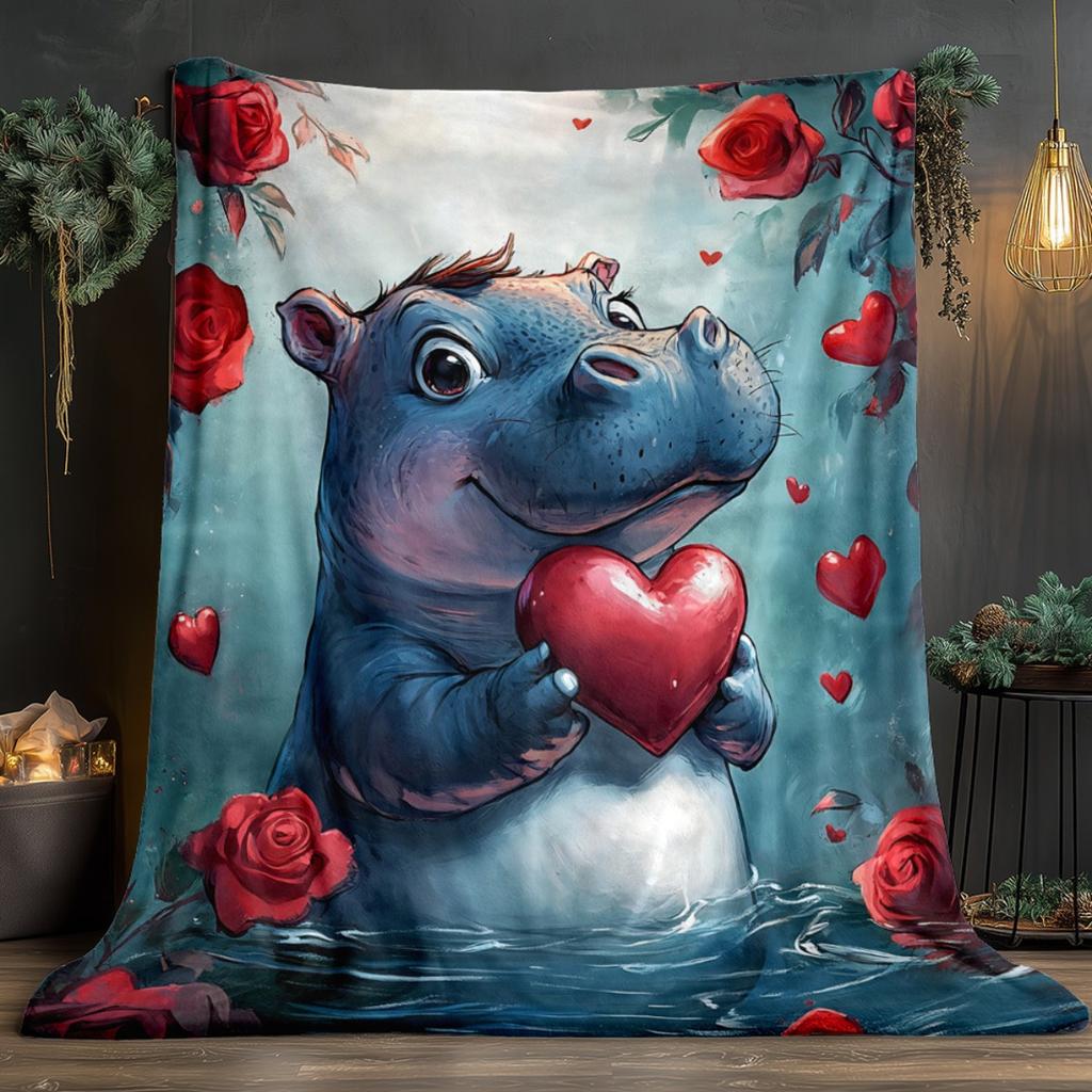 1pc Hippo with Red Heart Blanket - Lightweight Flannel Throw for Sofa, Outdoor, Camping, Living Room, Office, Chair, and Bed