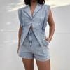 Damen Jeans-Strampler mit Reverskragen, ärmellos, schmal geschnitten, elastischer Bund, dreieckiger Saum, kurzer Jumpsuit, Streetwear, lässiges Outfit