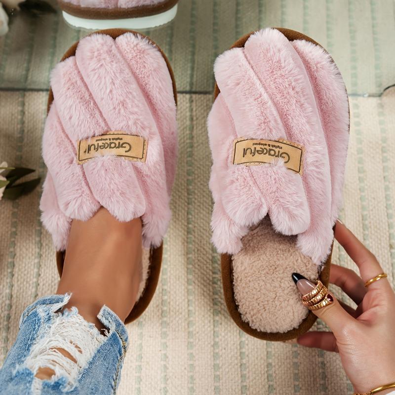 Crisscross Fluffy Home ζεστές παντόφλες, μαλακή σόλα με ανοιχτή βελούδινη επένδυση Cozy παπούτσια, αντιολισθητικές παντόφλες σίγασης δαπέδου, χειμώνα & φθινόπωρο