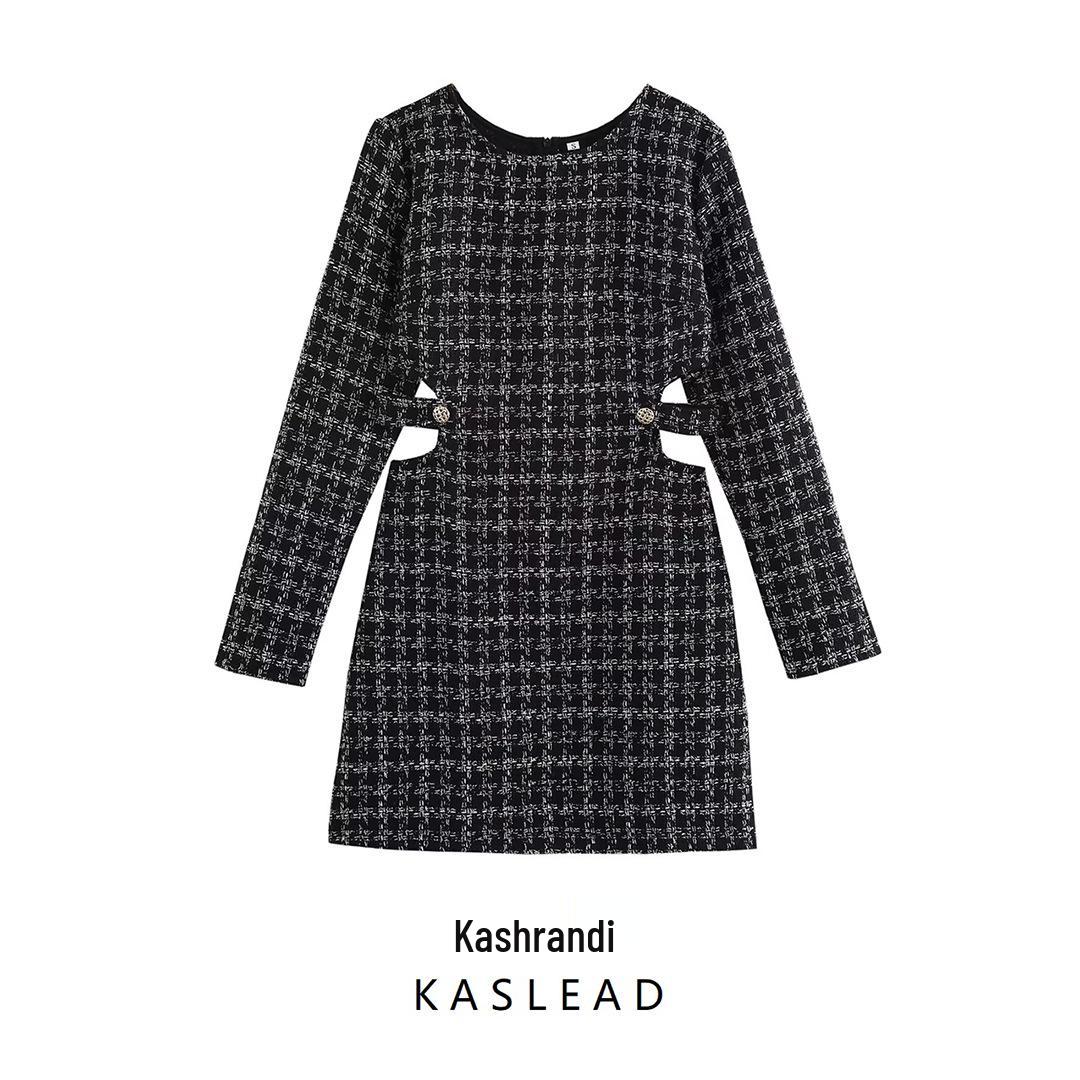 

2025 Spring Women s European & American Style Tweed Dress with Cutout Waist and Round Neck M