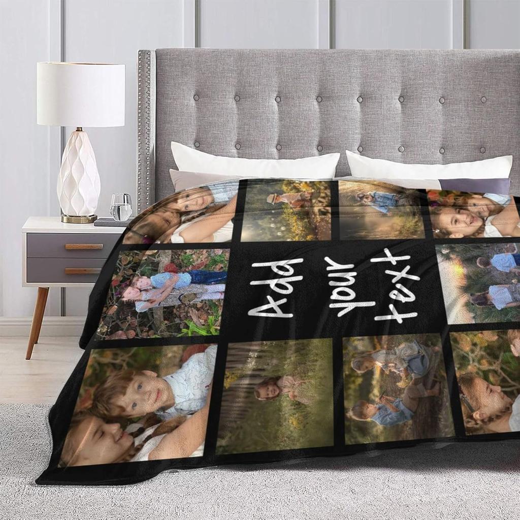 Custom Blanket Personalized Blanket with Photos Text Customized Picture Blanket for Adult Dad, Mom, Kids, Dogs, Friends, Birthday Christmas Halloween