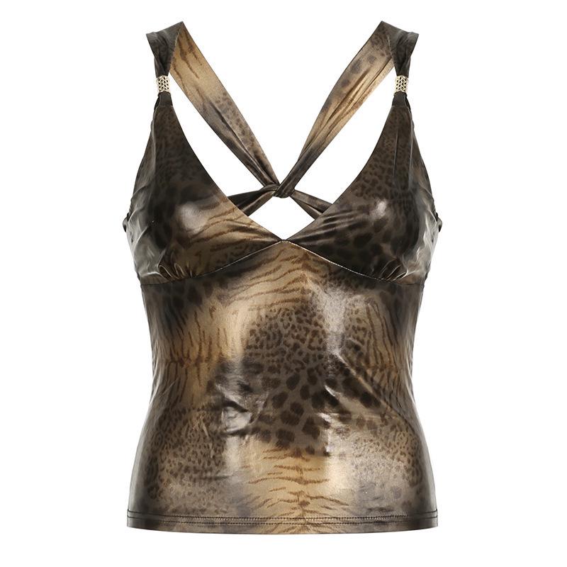 Retro Leopard Print V-Neck Slimming Vest with Stylish Cross Back Medium коричневый
