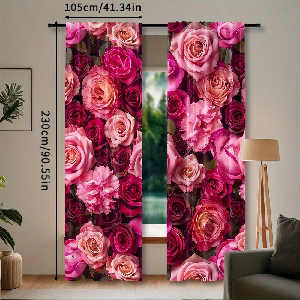 2er Set Rosa & Rote Rosen Transparent Vorhänge - Stangentasche Fensterdekoration für Schlafzimmer & Wohnzimmer, Maschinenwaschbares Polyester Heimdekoration