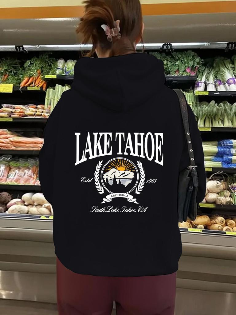 European and American Women's Hooded Long Sleeve Sweatshirt with Velvet and LAKE Print - Autumn and Winter Collection