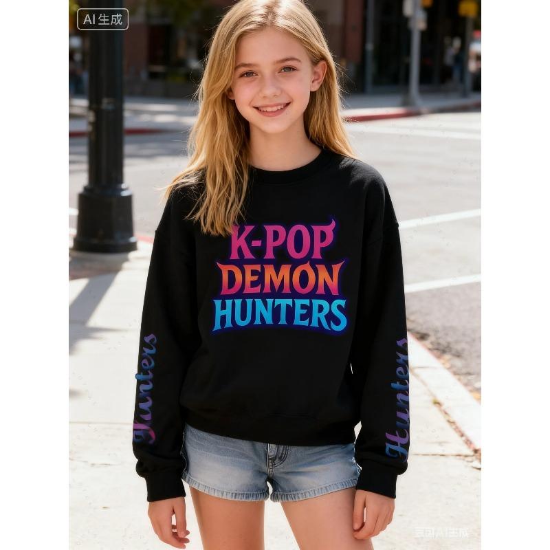 KPop Demon Hunters Autumn Winter Girl Fashion Casual Round Collar Printed Everyday Long Sleeved Comfortable Loose T-shirt
