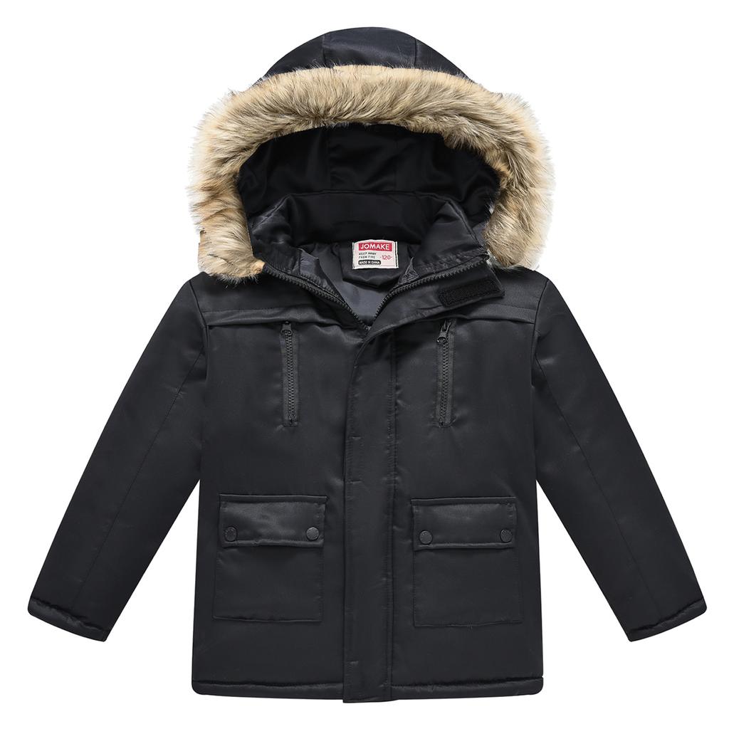 Middle and Big Children's Cotton Jacket Solid Color Thickened Warm Rushing Jacket Boys and Girls Hair Collar Removable Hooded Jacket