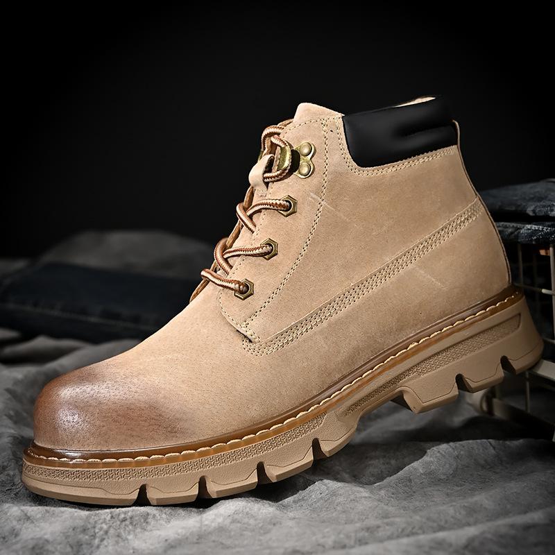 Autumn and winter new men's rhubarb leather boots first layer pigskin short boots men's casual explosion velvet thermal tooling boots