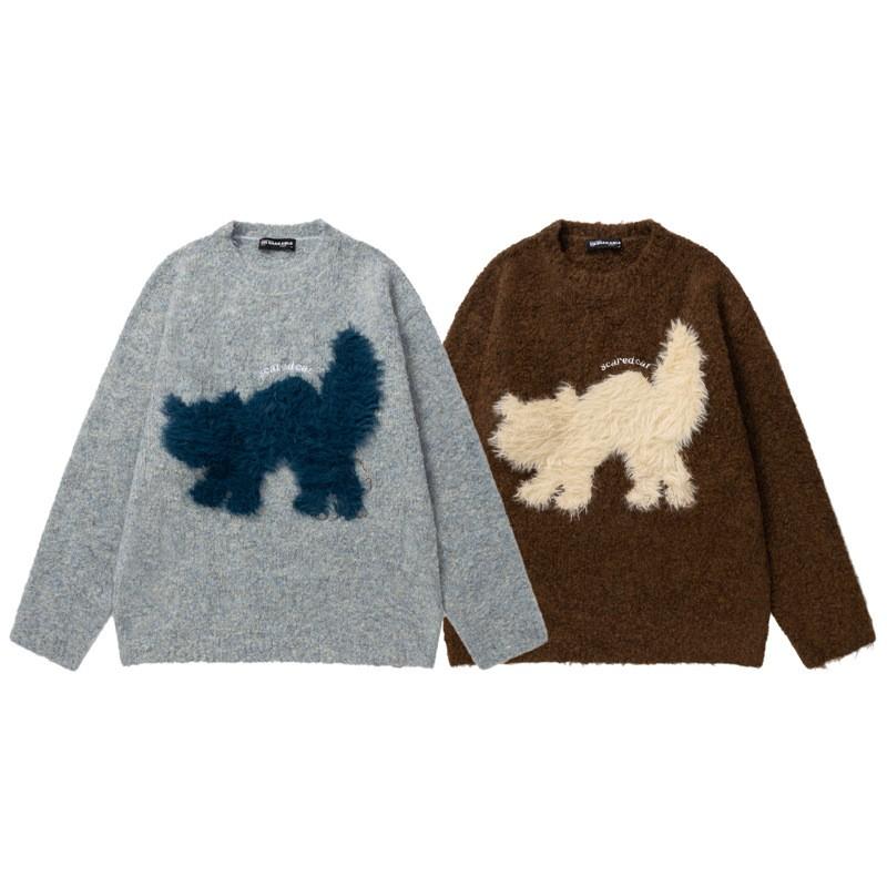 Unisex Oversized Knit Sweater With Cat Jacquard Round Neck Loose Fit Winter Casual Wear