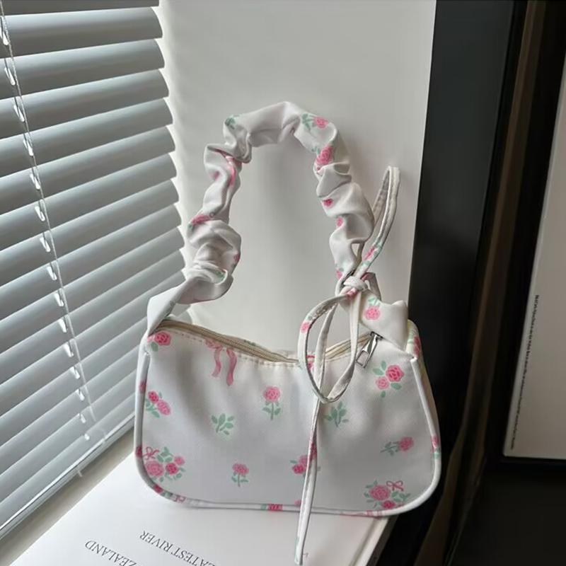 Unique Wrinkled Drawstring Floral Handbag Stylish Versatile Shoulder Underarm Purse Bag For Women