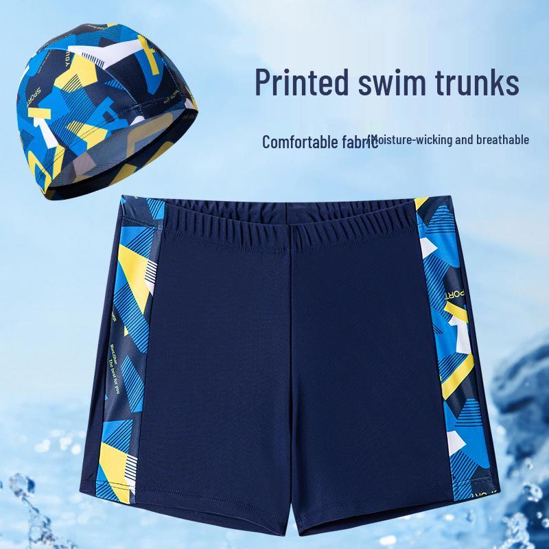 Kids' Cartoon Print Swim Set: Boys' Boxer Trunks & Cap