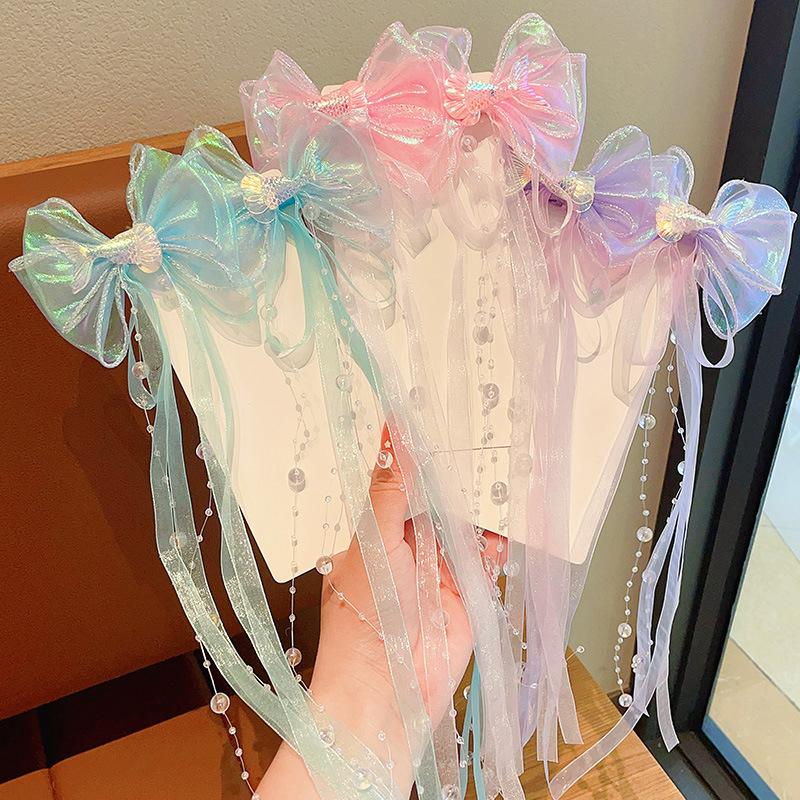Children Cute Baby Mermaid Princess Pearl Fringe Bow Forehead Chain Hairpin Fairy Hair Accessories Hair Clip