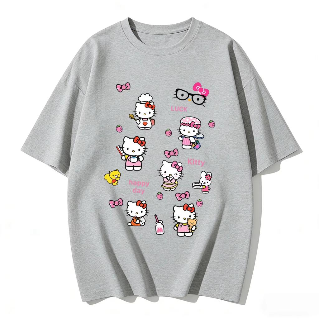 New Summer Cute HelloKitty TShirts Soft Cotton Short Sleeve Tees for Parents Kids Breathable Casual Daily Outfit Tops