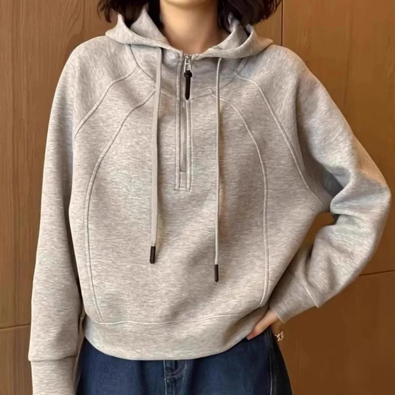Women's Spring/Fall Gray Half-Zip Hooded Sweatshirt Loose-Fit, Casual, Cropped Top