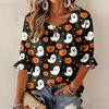 Women's Halloween Printed Three-Quarter Sleeve Blouse with Tie Neck and Ruffled Hem