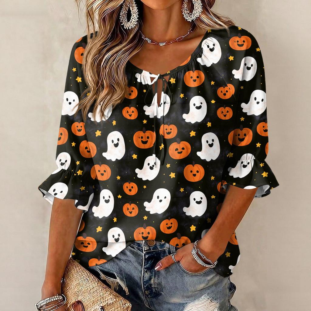 Women's Halloween Printed Three-Quarter Sleeve Blouse with Tie Neck and Ruffled Hem