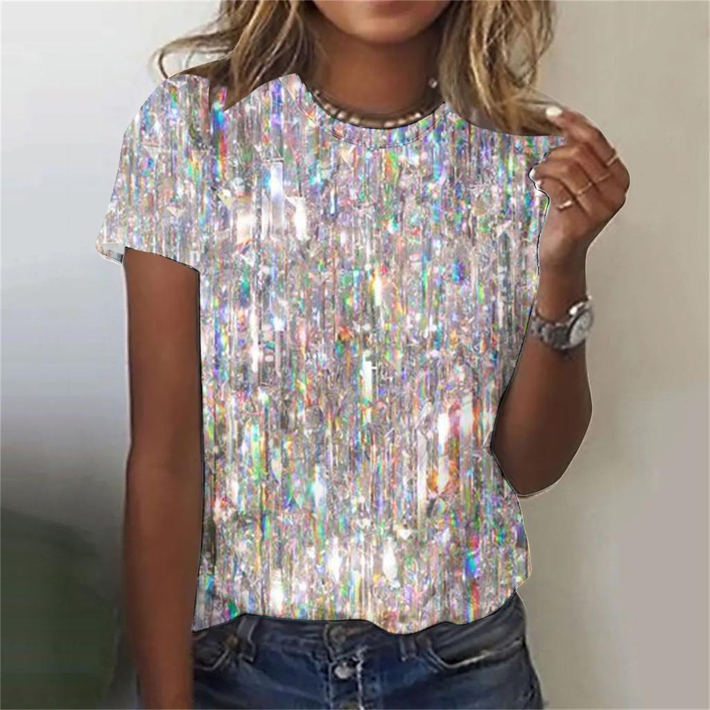 Camiseta Feminina com Estampa Padrão 3D Casual Manga Curta Gola Redonda Top Moderno Roupas Femininas de Rua