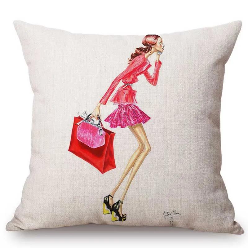 Fashion Lady Design Art Salon Beauty Store Decoration Throw Pillow Case Fashion Magazine Hand Drawing Art Girl Car Cushion Cover