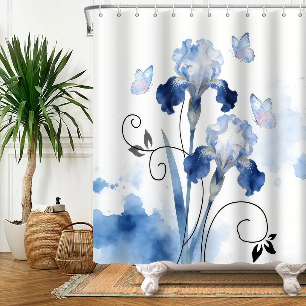 Moderne Mode Duschvorhang Blaue Blumen Schmetterling Duschvorhänge Badezimmer Dekoration Wasserdicht Mit 12 Haken Polyester Vorhänge