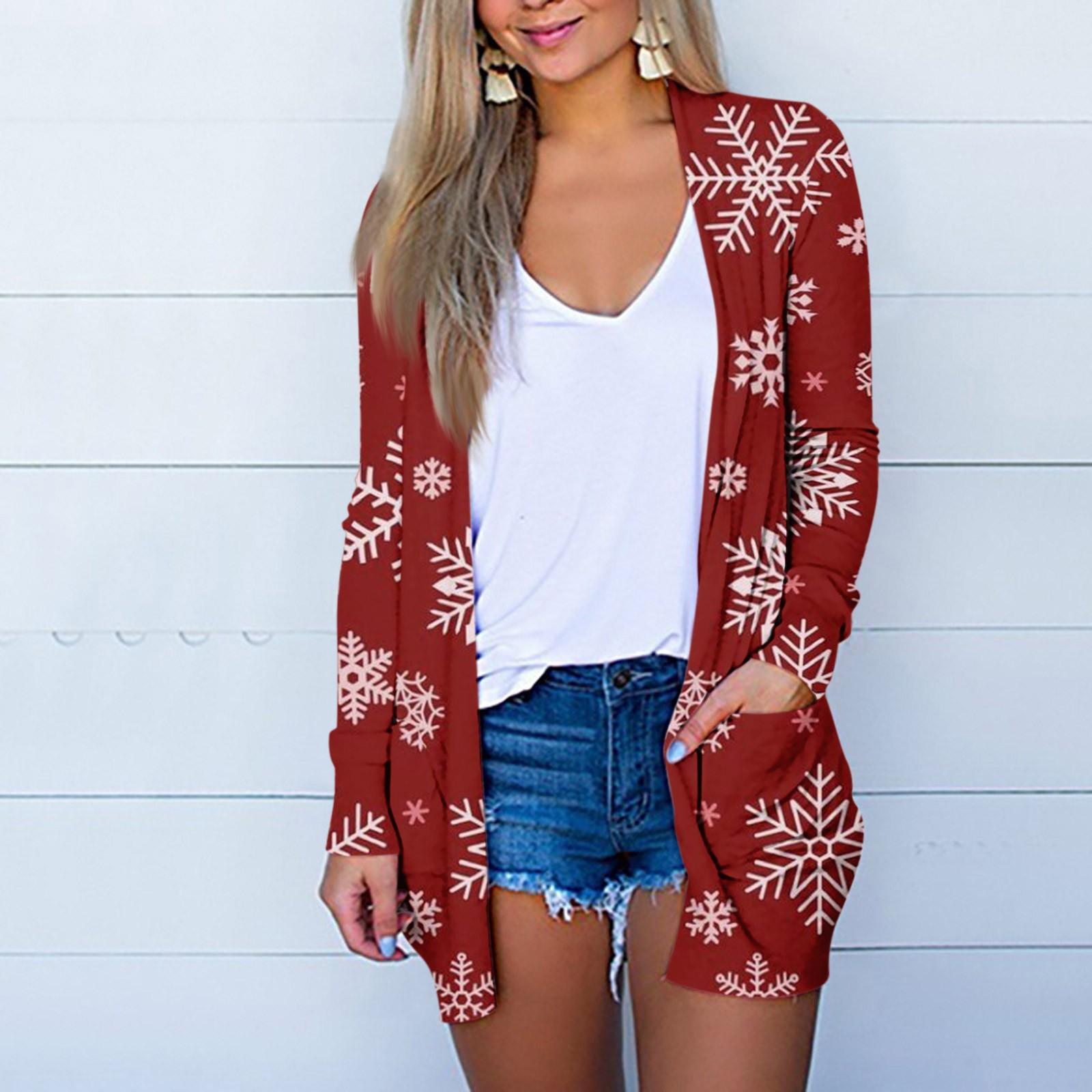 

Женская мода, повседневный рождественский принт, кардиган средней длины, куртка, пальто L арбуз красный