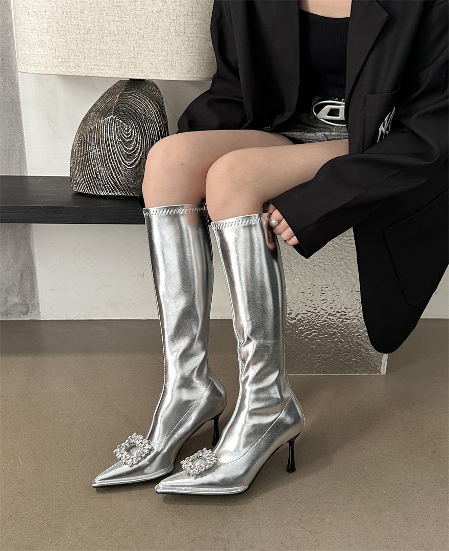 

French rhinestone boots 2025 autumn and winter new high heels stiletto women s pointed temperament short boots medium heel ankle boots 40 серебряный