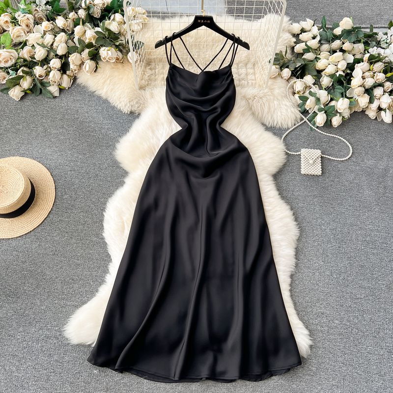 

Temperament Goddess Style Open Back Satin Sling Dress Black L