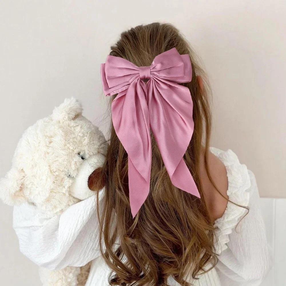3Styles Girls Long Big Bow Float Satin Clips Back Head Hair Clip Wine Red with The Same Temperament Elegant Hair Accessories