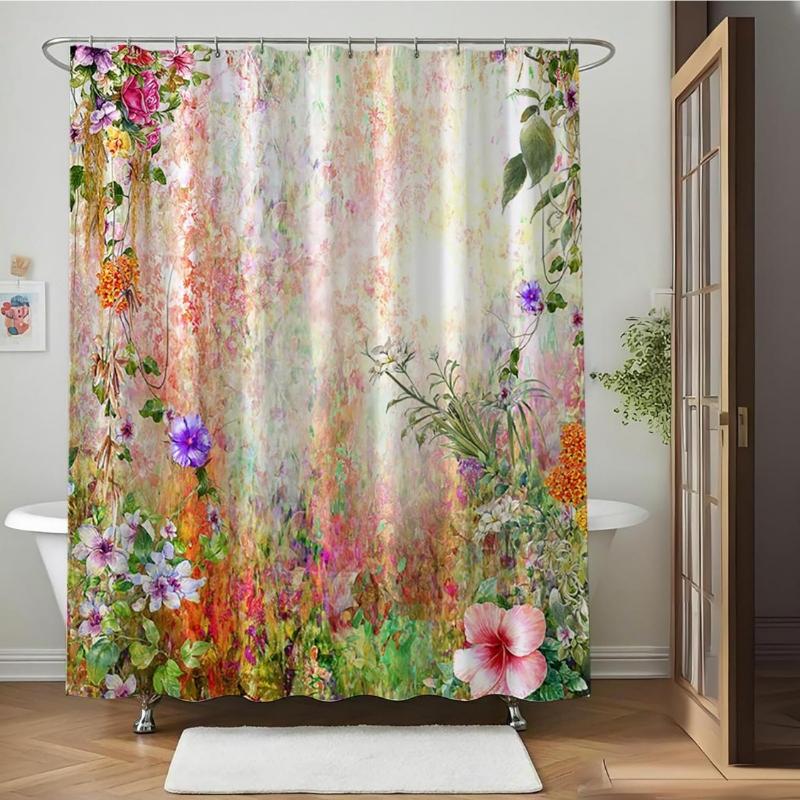 Pastel Floral Watercolor Shower Curtain, Delicate Wildflower Garden Design, Waterproof Fabric Bathroom Curtain for Calming Decor (as the picture,W90xH180cm-35x70in)