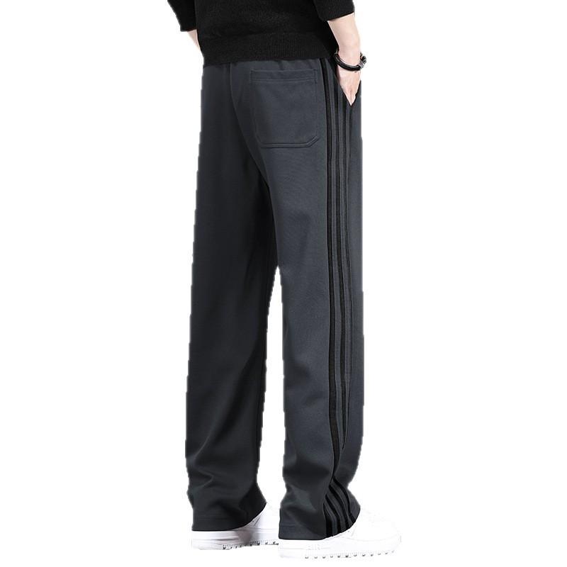 Striped splicing casual pants men's autumn and winter loose straight wide-leg sweatpants trendy brand design sense fleece thickened men's pants